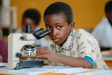 African American schoolboy looking in microscope in class, with textbooks nearby, Looking at camera. Concept: education, accessibility of knowledge