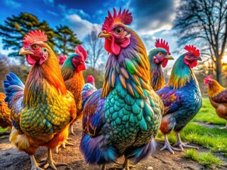 Fototapeta premium Stunning Ameraucana Chickens Showcasing Unique Feathers and Colors in a Natural Farm Setting