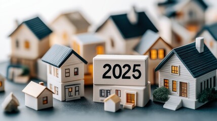 Miniature houses surround a block with the year '2025' written on it, symbolizing future real estate market trends, investment, or housing developments.