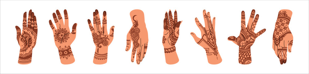 Hands with mehendi set. Henna tattoos, Indian patterns, Arabic ornaments on female palms. Different designs, styles of traditional mehndi. Flat isolated vector illustrations on white background