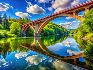 Fototapeta premium Stunning Arch Concrete Bridge Spanning a Calm River Surrounded by Lush Greenery and Blue Sky