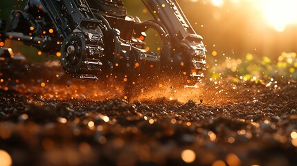 Close-up of an advanced robotic tiller aerating soil, soil particles flying into the air, sleek metal arms with articulated joints, sunlight reflecting off the blades,