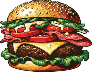 illustration of a burger with patty, tomato, cheese, mayonnaise, lettuce filling