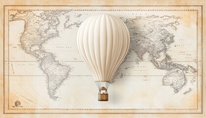 Obraz premium An illustration of an antique hot air balloon flying over a vintage map background, with detailed linework and muted sepia tones for an old-world adventure feel.