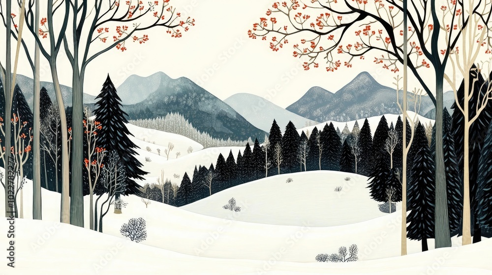Poster a stunning winter landscape featuring snow covered forests and mountains creating a soft white blank