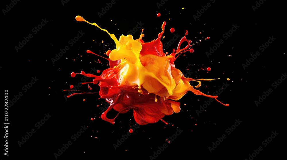 Poster close up shot of dark red and yellow fluid ink paint motion explosion artistic design energy swirl b