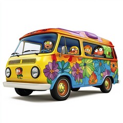 A colorful cartoon mystery-solving van with quirky characters peeking out, set on a white background