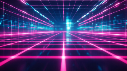 Fototapeta premium A vibrant neon grid landscape with glowing lines in a futuristic digital environment