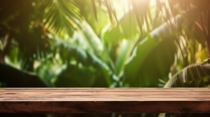 Wood tabletop counter podium floor in outdoors tropical garden forest blurred green leaf plant nature background. Neural network ai generated art