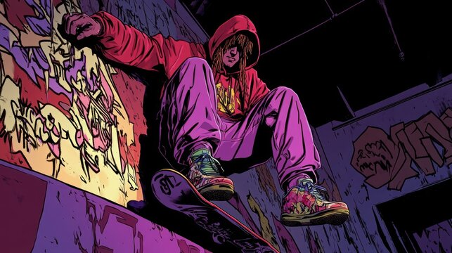 A skateboarder in vibrant attire performs tricks in a graffiti-covered urban space.