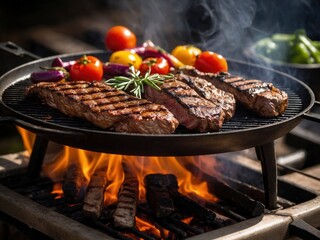 Delicious grilled meat with vegetables sizzling over the coals on barbecue. Grilled delights over flaming coals