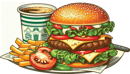 illustration of a burger with patty, tomato, cheese, mayonnaise, lettuce filling