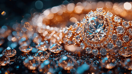 gold and diamond ring is on a table with other diamonds