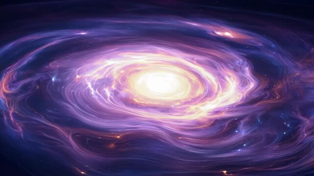 A top view of a rotating cosmic galaxy with swirling intergalactic clouds and a glowing center in vibrant purple and blue hues