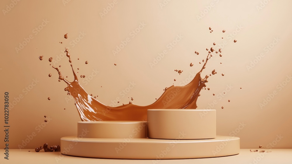 Aufkleber beige exhibition podiums with 3d rendering for product display featuring a brown splash backdrop for