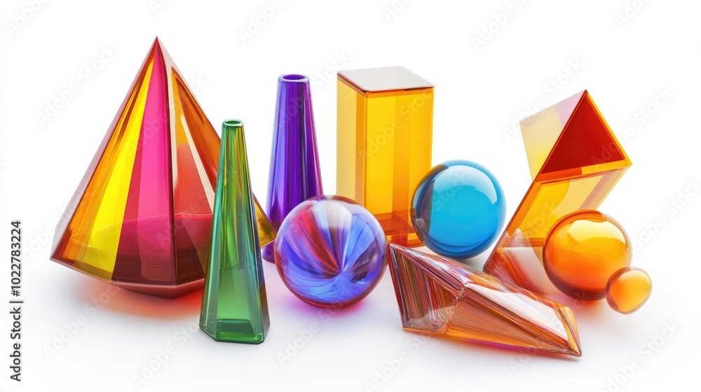 Poster 3D rendering of abstract geometric forms with a variety of vibrant glass elements set against a white background