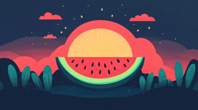 Adorable Watermelon Illustration with Sunrise in Flat Design This delightful artwork combines a cheerful watermelon and a rising sun perfect for summer inspired and joyful graphics