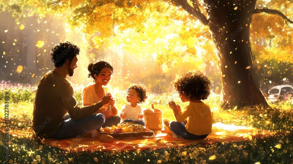 Canvas Prints A joyful family picnic under a tree, enjoying food and laughter in a vibrant autumn setting.