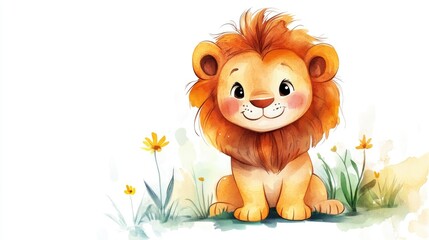 Adorable 2D cartoon baby lion clipart for children featuring a whimsical wild animal design in watercolor style isolated on a white background