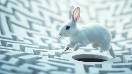 A white rabbit dashes and tumbles into a hole within a maze Features a surreal wonderland backdrop optical illusion and seamless 2d pattern ideal for fabric wrapping and wallpaper design