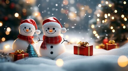 Fototapeta premium Festive Snowmen Surrounded by Christmas Presents and a Sparkling New Year Tree with Soft Bokeh Lights