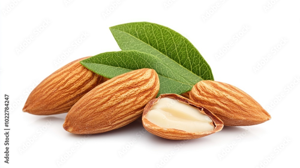 Poster almonds with shells and green leaves isolated on a white background