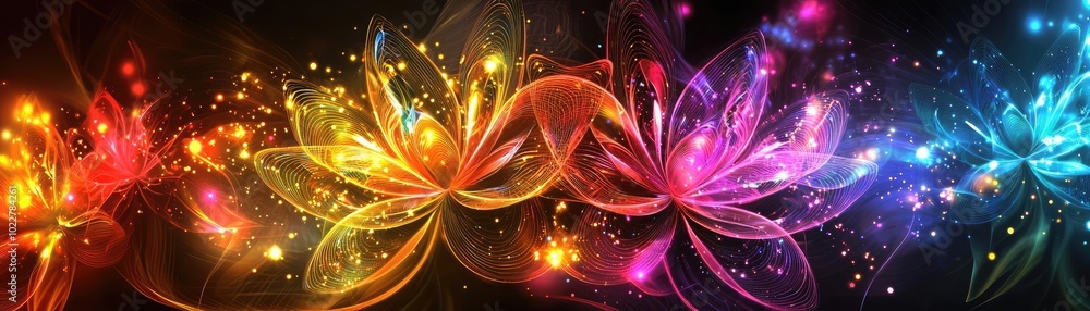 Poster vibrant abstract floral design with colorful petals and shimmering lights, creating a dynamic and en