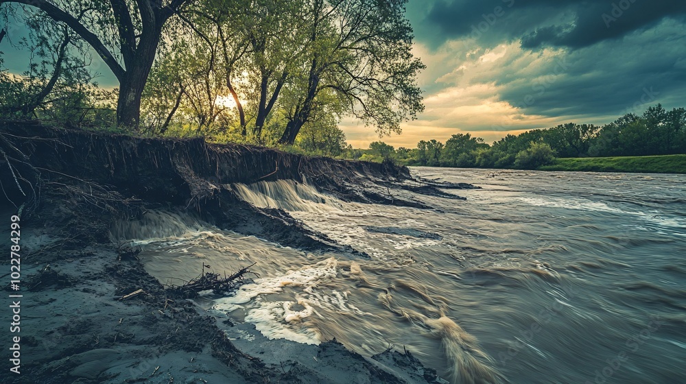 Poster a river flows through a grassy field with trees lining the bank. the sun is setting in the distance.