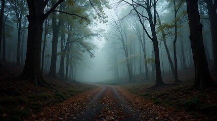 Mysterious foggy forest pathway with leaves and trees in the misty background
