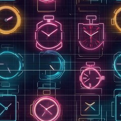 seamless pattern of futuristic digital clocks with neon accents