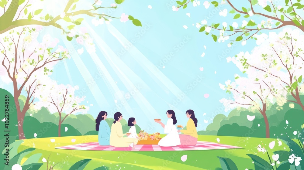 Canvas Prints A serene picnic scene with friends enjoying food in a blossoming park.