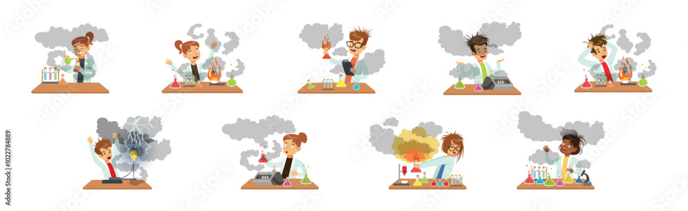 Poster boy and girl scientist kid character at table fail with test and experiment vector set