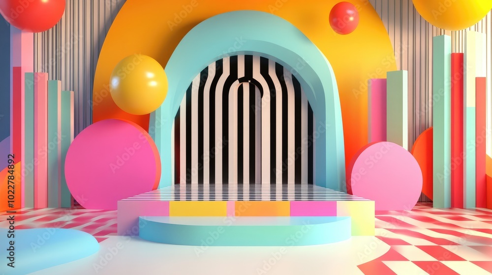 Aufkleber Abstract podium showcase in 1980s Memphis style 3D render featuring bold geometric shapes vibrant colors and check patterns A bright surreal background creates a studio setting for product adverti