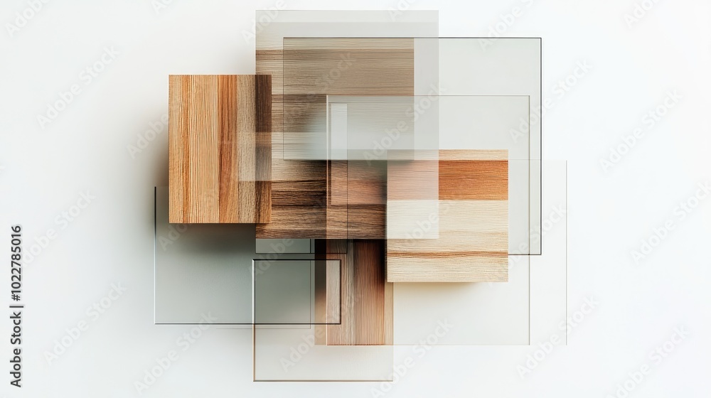 Poster abstract vintage decorative wood and glass composition on a white square backdrop 3d rendering