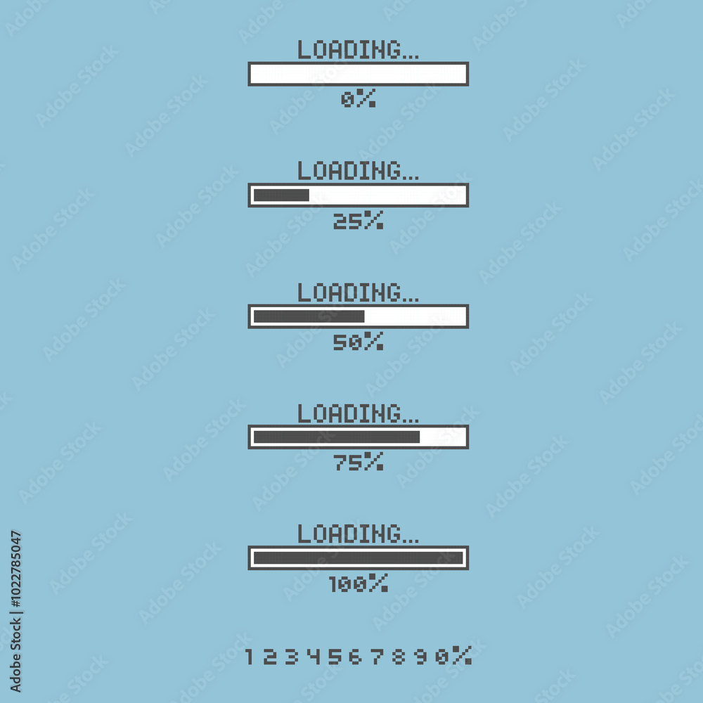 Fototapete collection set of retro game 8bit pixel art loading process progress counter bar computer battery, b