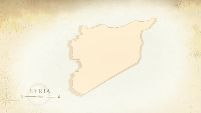 Syria vintage-style map with aged parchment texture on beige background. Perfect for geography, travel, history, middle east and decorative design projects. High quality 4K video.