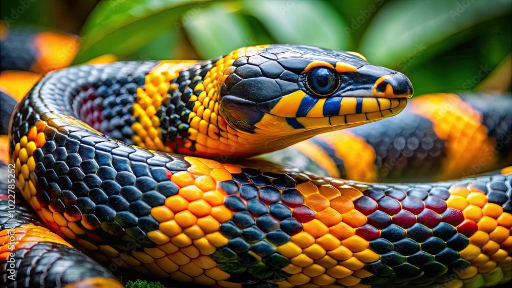 Poster Stunning close-up of a krait snake highlighting its vibrant colors and unique patterns in nature