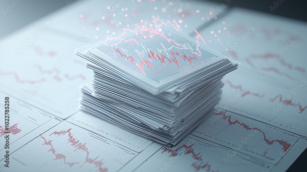 Poster top-down view of a falling stack of stock market charts, papers flying as if in free fall.