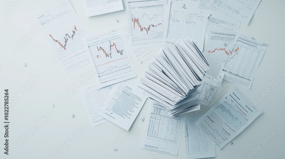 Poster top-down view of a falling stack of stock market charts, papers flying as if in free fall.