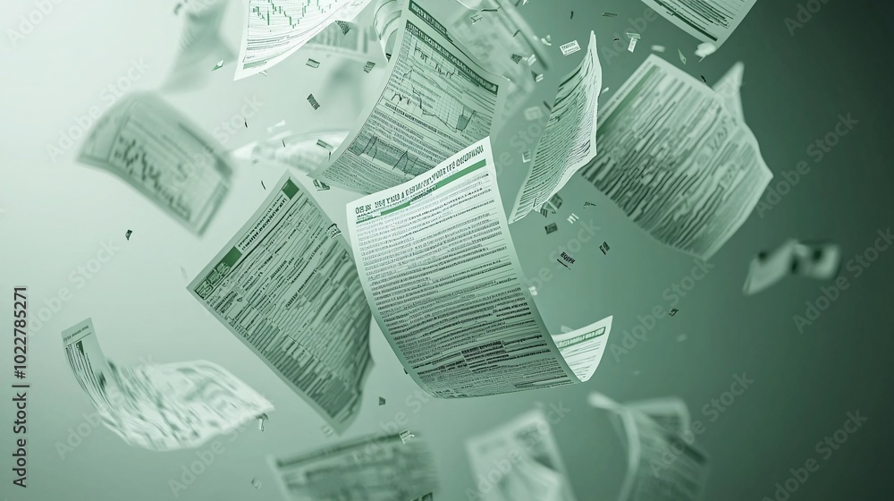 Poster top-down view of a falling stack of stock market charts, papers flying as if in free fall.