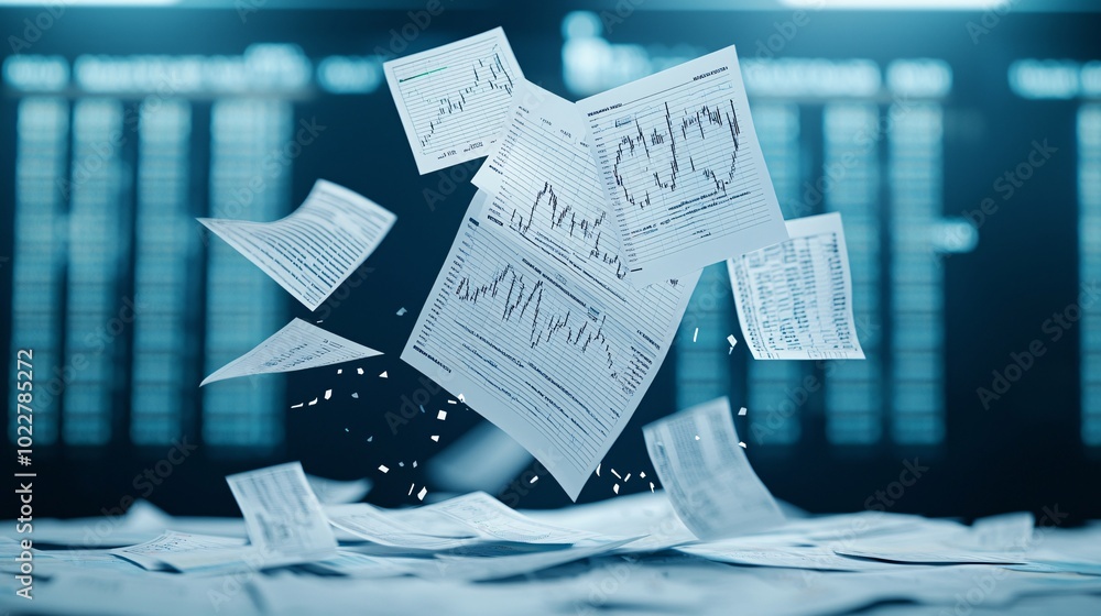 Poster top-down view of a falling stack of stock market charts, papers flying as if in free fall.