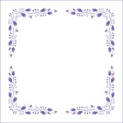 Purple vegetal floral frame with leaves and purple flowers, decorative corners for greeting cards, banners, business cards, invitations, menus. Isolated vector illustration.	