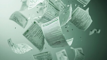 Obraz premium Top-down view of a falling stack of stock market charts, papers flying as if in free fall.