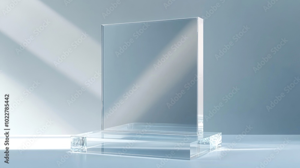 Poster 3D glass display background with a clear podium for showcasing products featuring a crystal rendered square box