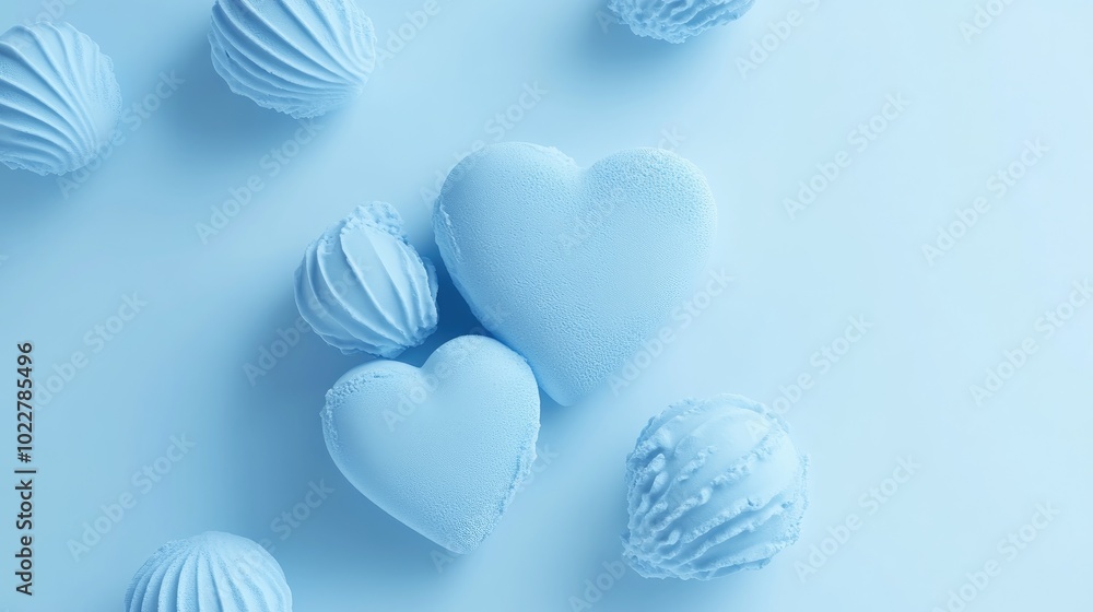 Poster 3d rendering of heart shaped ice cream in blue flat lay composition