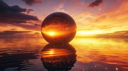An egg-shaped glass sphere with an orange gradient, reflecting the sky and stars at sunset, placed on a water surface, centered composition,