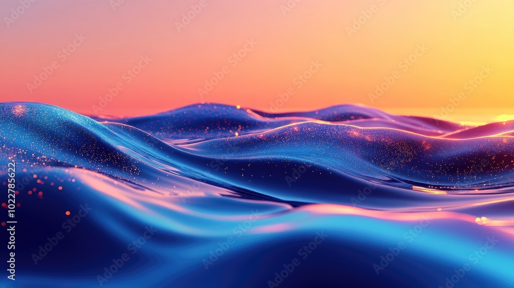Poster abstract 3d wave sparkling ocean water surface texture under sunset sky with blue and orange hues re