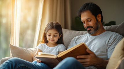 Fototapeta premium A man and a little girl are sitting on a couch reading a book together
