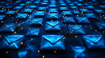 Fototapeta premium Abstract digital representation of blue envelopes, creating a futuristic pattern with glowing highlights, perfect for illustrating communication themes.
