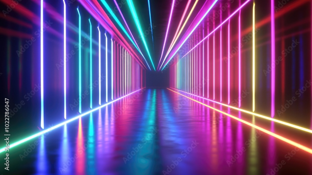 Aufkleber 3D rendering of a vibrant laser display with illuminated lines in a nightclub setting featuring an abstract fluorescent backdrop in a corridor